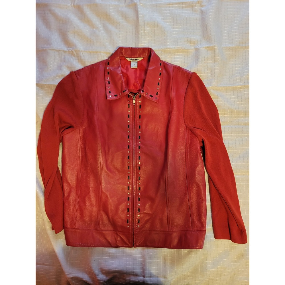 Nygard Collection Red‎ Leather Knit Hybrid Studded Zip Jacket Womens 1X 31480755